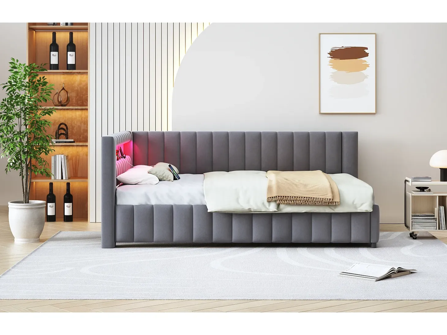 Sofá-cama estofado - 140 x 200 cm - com LEDs + USB + encosto + cabeceira - tecido de veludo - cinza escuro