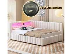 Sofá-cama estofado - 140 x 200 cm - com LEDs + USB + encosto + cabeceira - tecido de veludo - bege