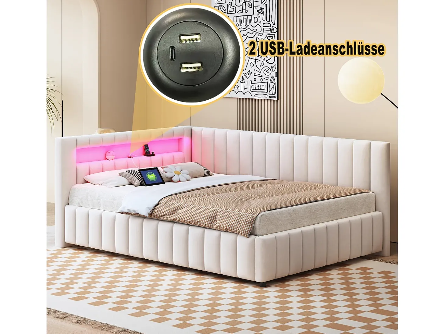 Sofá-cama estofado - 140 x 200 cm - com LEDs + USB + encosto + cabeceira - tecido de veludo - bege