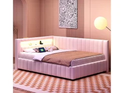 Sofá-cama estofado - 140 x 200 cm - com LEDs + USB + encosto + cabeceira - tecido de veludo - bege