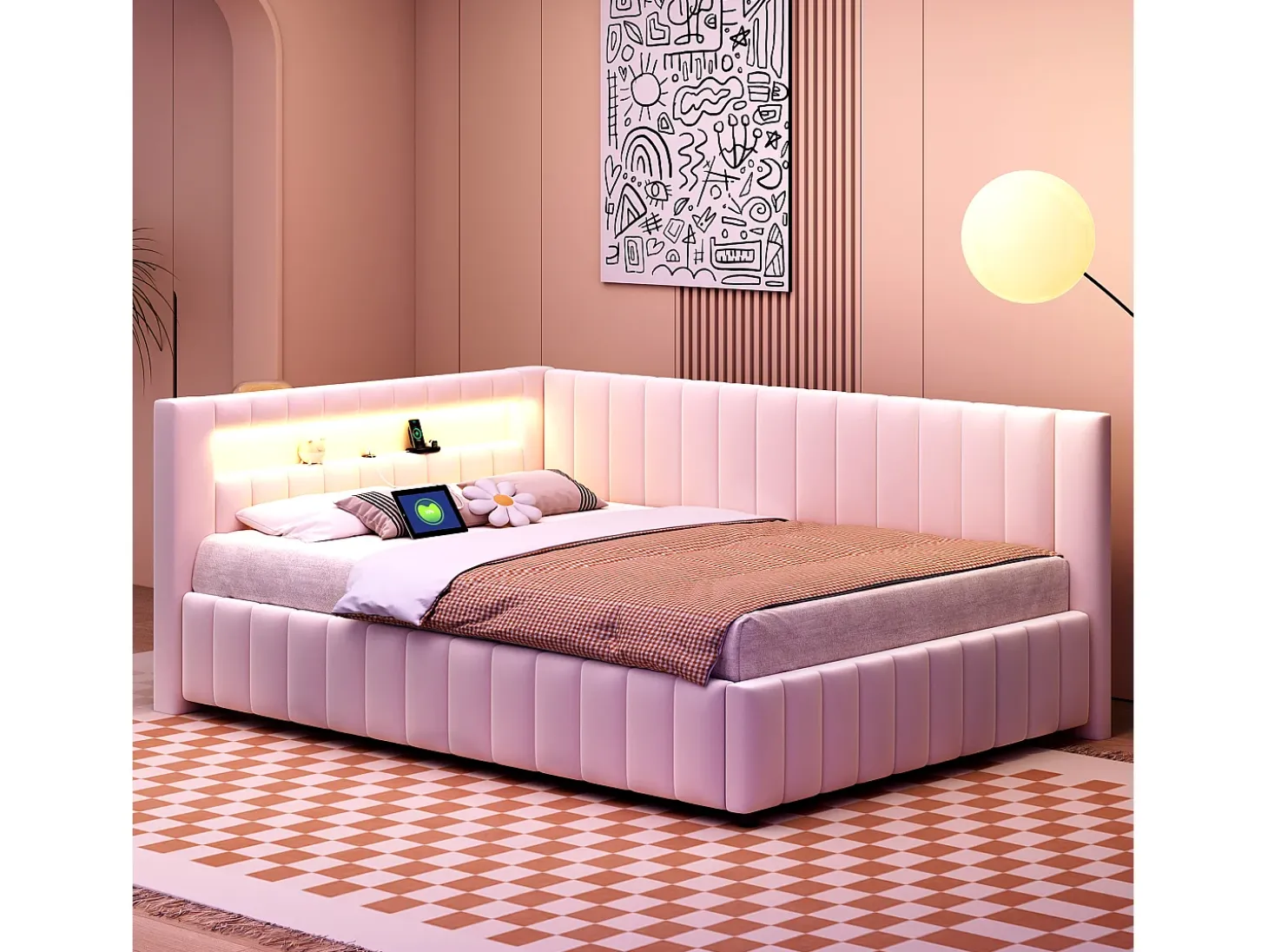 Sofá-cama estofado - 140 x 200 cm - com LEDs + USB + encosto + cabeceira - tecido de veludo - bege