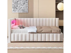 Sofá-cama estofado - 140 x 200 cm - com LEDs + USB + encosto + cabeceira - tecido de veludo - bege