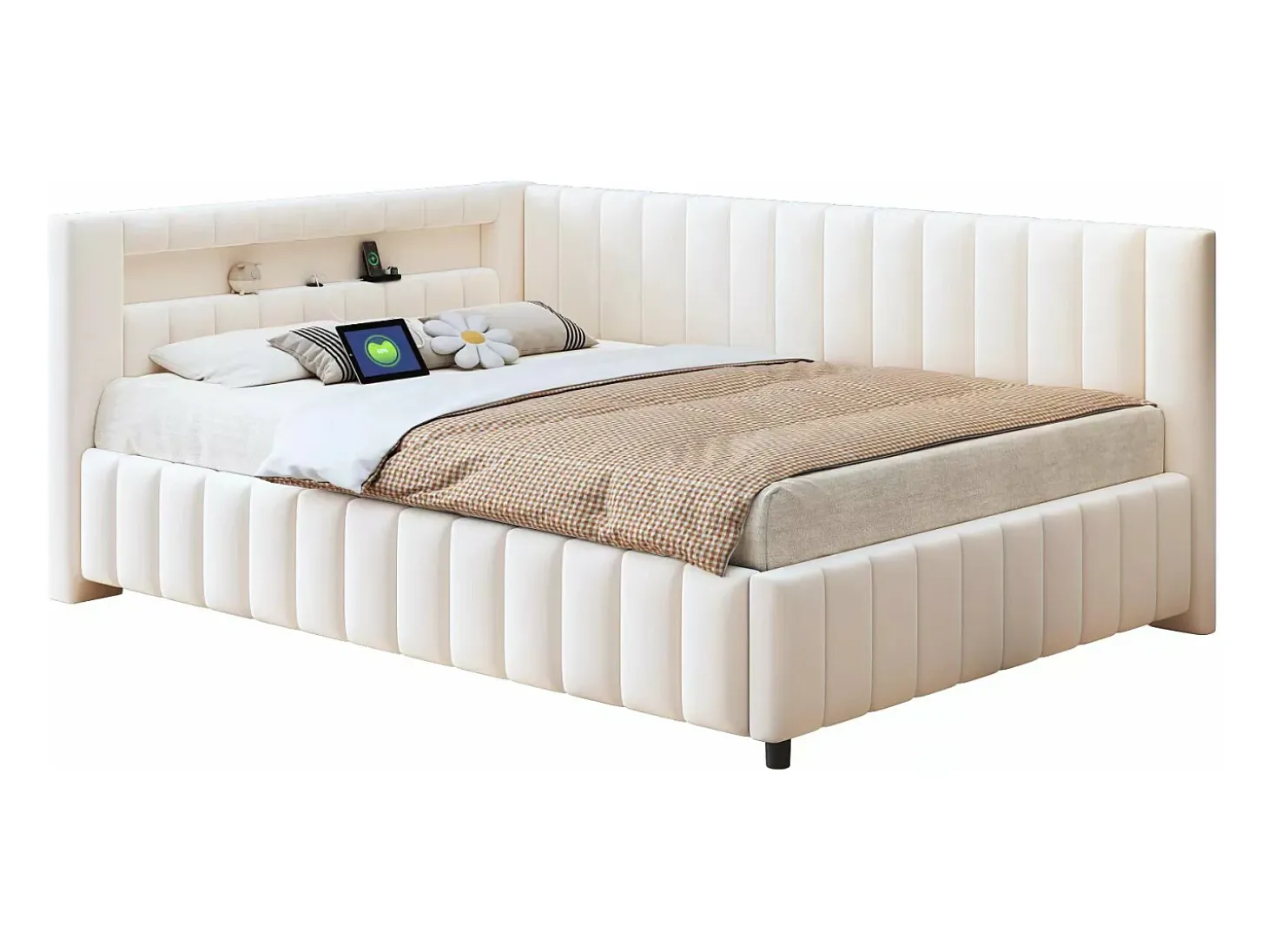 Sofá-cama estofado - 140 x 200 cm - com LEDs + USB + encosto + cabeceira - tecido de veludo - bege