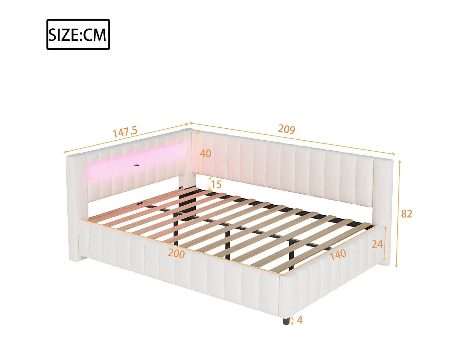 Sofá-cama estofado - 140 x 200 cm - com LEDs + USB + encosto + cabeceira - tecido de veludo - bege