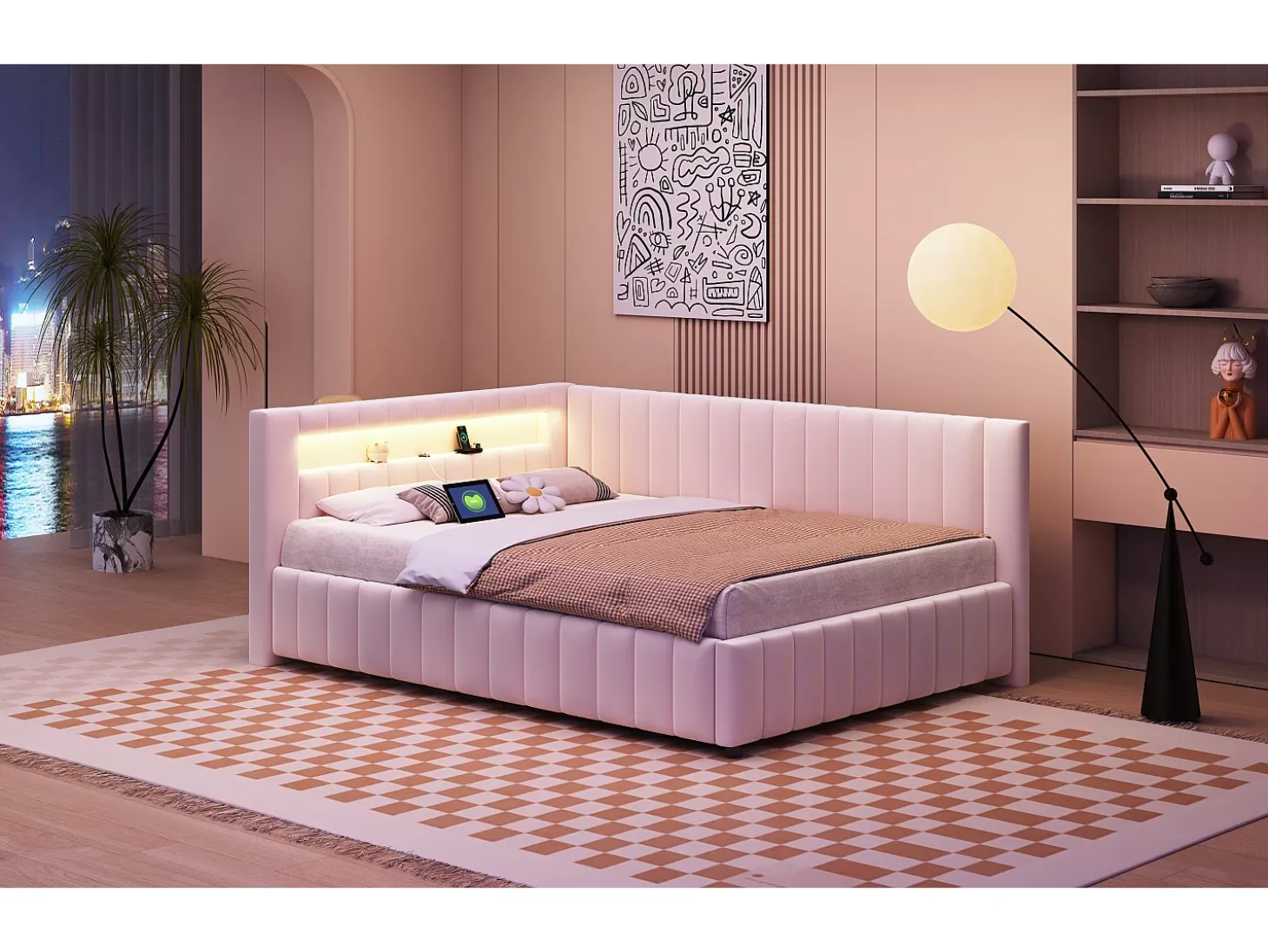 Sofá-cama estofado - 140 x 200 cm - com LEDs + USB + encosto + cabeceira - tecido de veludo - bege