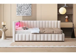 Sofá-cama estofado - 140 x 200 cm - com LEDs + USB + encosto + cabeceira - tecido de veludo - bege