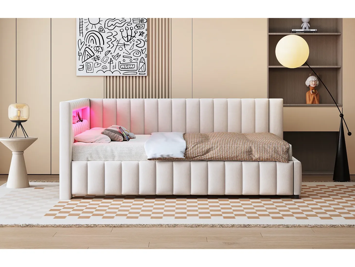 Sofá-cama estofado - 140 x 200 cm - com LEDs + USB + encosto + cabeceira - tecido de veludo - bege