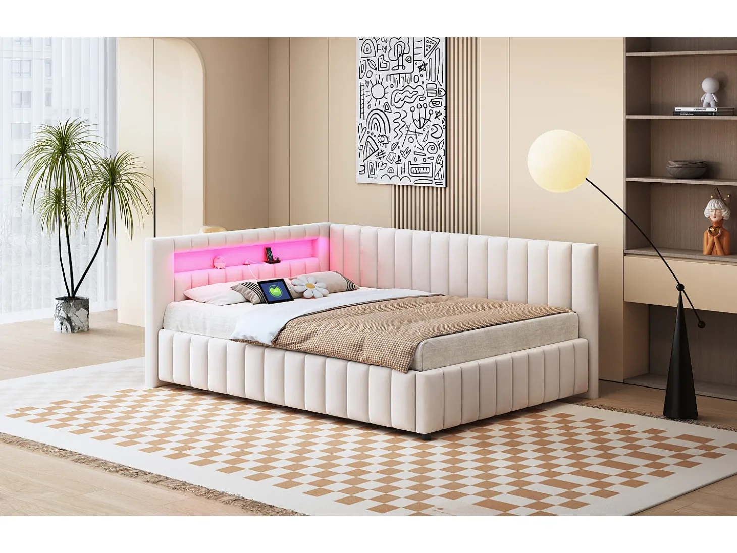 Sofá-cama estofado - 140 x 200 cm - com LEDs + USB + encosto + cabeceira - tecido de veludo - bege