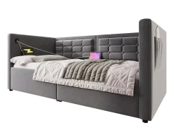 Sofá-cama estofado - 90 x 200 cm - com armazenamento hidráulico + USB e Tipo C - veludo - cinza
