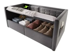 Sofá-cama estofado - 90 x 200 cm - com armazenamento hidráulico + USB e Tipo C - veludo - cinza