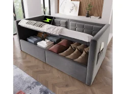 Sofá-cama estofado - 90 x 200 cm - com armazenamento hidráulico + USB e Tipo C - veludo - cinza