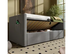 Sofá-cama estofado - 90 x 200 cm - com armazenamento hidráulico + USB e Tipo C - veludo - cinza