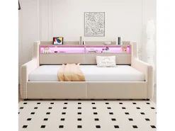 Sofá-cama estofado com armazenamento 90x200 cm - com iluminação LED - compartimentos de armazenamento - tomada elétrica + porta de carregamento - bege