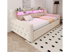 Sofá-cama estofado com armazenamento 90x200 cm - com iluminação LED - compartimentos de armazenamento - tomada elétrica + porta de carregamento - bege