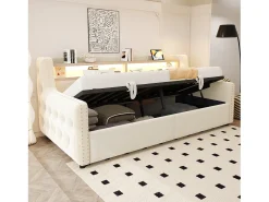 Sofá-cama estofado com armazenamento 90x200 cm - com iluminação LED - compartimentos de armazenamento - tomada elétrica + porta de carregamento - bege