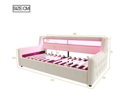 Sofá-cama estofado com armazenamento 90x200 cm - com iluminação LED - compartimentos de armazenamento - tomada elétrica + porta de carregamento - bege