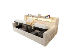 Sofá-cama estofado com armazenamento 90x200 cm - com iluminação LED - compartimentos de armazenamento - tomada elétrica + porta de carregamento - bege