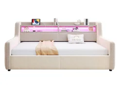 Sofá-cama estofado com armazenamento 90x200 cm - com iluminação LED - compartimentos de armazenamento - tomada elétrica + porta de carregamento - bege