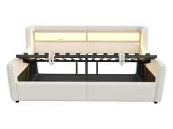 Sofá-cama estofado com armazenamento 90x200 cm - com iluminação LED - compartimentos de armazenamento - tomada elétrica + porta de carregamento - bege