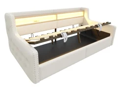 Sofá-cama estofado com armazenamento 90x200 cm - com iluminação LED - compartimentos de armazenamento - tomada elétrica + porta de carregamento - bege