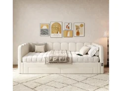 Sofá-cama estofado infantil - 90/180 x 200 cm - com 2 gavetas + porta USB - linho - bege