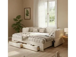 Sofá-cama estofado infantil - 90/180 x 200 cm - com 2 gavetas + porta USB - linho - bege