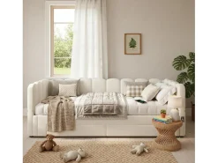 Sofá-cama estofado infantil - 90/180 x 200 cm - com 2 gavetas + porta USB - linho - bege