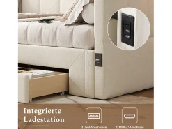 Sofá-cama estofado infantil - 90/180 x 200 cm - com 2 gavetas + porta USB - linho - bege