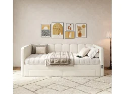 Sofá-cama estofado infantil - 90/180 x 190 cm - com 2 gavetas + porta USB - linho - bege