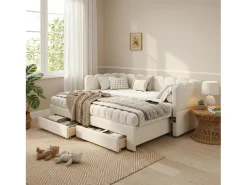 Sofá-cama estofado infantil - 90/180 x 190 cm - com 2 gavetas + porta USB - linho - bege