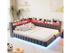Sofá-cama estofado 140x200 cm - con luz LED - con tomada + porta USB + porta de carregamento Type-C - Cinza escuro​ (colchão não incluído)