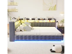 Sofá-cama estofado 140x200 cm - con luz LED - con tomada + porta USB + porta de carregamento Type-C - Cinza escuro​ (colchão não incluído)