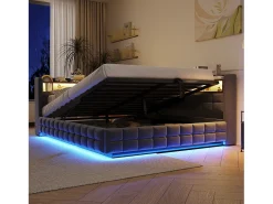 Sofá-cama estofado 140x200 cm - con luz LED - con tomada + porta USB + porta de carregamento Type-C - Cinza escuro​ (colchão não incluído)