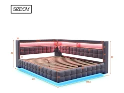 Sofá-cama estofado 140x200 cm - con luz LED - con tomada + porta USB + porta de carregamento Type-C - Cinza escuro​ (colchão não incluído)