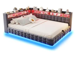 Sofá-cama estofado 140x200 cm - con luz LED - con tomada + porta USB + porta de carregamento Type-C - Cinza escuro​ (colchão não incluído)