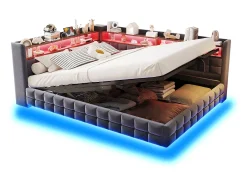 Sofá-cama estofado 140x200 cm - con luz LED - con tomada + porta USB + porta de carregamento Type-C - Cinza escuro​ (colchão não incluído)