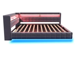 Sofá-cama estofado 140x200 cm - con luz LED - con tomada + porta USB + porta de carregamento Type-C - Cinza escuro​ (colchão não incluído)