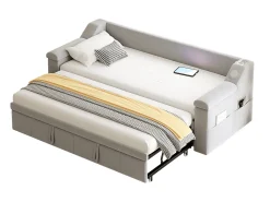 Sofá-cama estofado 90x190 cm - com porta de carregamento USB - com sistema de áudio Bluetooth inteligente - tecido veludo - cinza claro