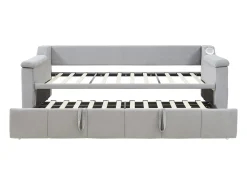 Sofá-cama estofado 90x190 cm - com porta de carregamento USB - com sistema de áudio Bluetooth inteligente - tecido veludo - cinza claro