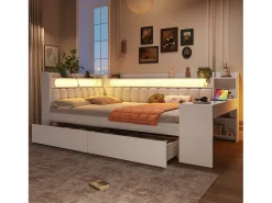 Sofá-cama estofado 140x200 cm - com portas USB e LED - com escrivaninha e 2 gavetas - branco (sem colchão)
