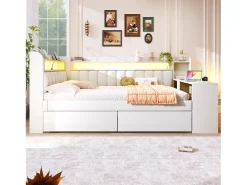 Sofá-cama estofado 140x200 cm - com portas USB e LED - com escrivaninha e 2 gavetas - branco (sem colchão)