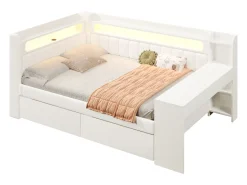 Sofá-cama estofado 140x200 cm - com portas USB e LED - com escrivaninha e 2 gavetas - branco (sem colchão)