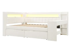 Sofá-cama estofado 140x200 cm - com portas USB e LED - com escrivaninha e 2 gavetas - branco (sem colchão)