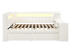 Sofá-cama estofado 140x200 cm - com portas USB e LED - com escrivaninha e 2 gavetas - branco (sem colchão)