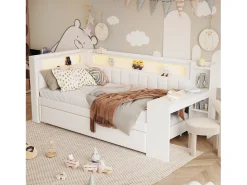Sofá-cama estofado 90x200 cm - com portas USB e LED - com cama de baixo e escrivaninha - branco (sem colchão)