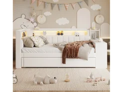 Sofá-cama estofado 90x200 cm - com portas USB e LED - com cama de baixo e escrivaninha - branco (sem colchão)