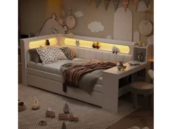 Sofá-cama estofado 90x200 cm - com portas USB e LED - com cama de baixo e escrivaninha - branco (sem colchão)