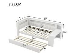 Sofá-cama estofado 90x200 cm - com portas USB e LED - com cama de baixo e escrivaninha - branco (sem colchão)
