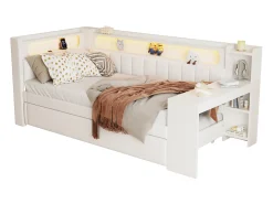 Sofá-cama estofado 90x200 cm - com portas USB e LED - com cama de baixo e escrivaninha - branco (sem colchão)