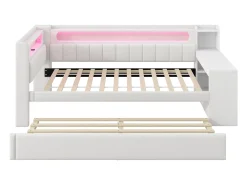 Sofá-cama estofado 90x200 cm - com portas USB e LED - com cama de baixo e escrivaninha - branco (sem colchão)